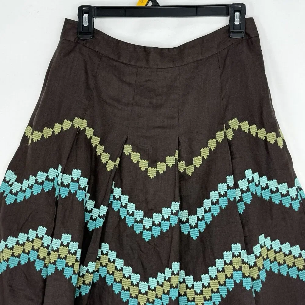 Ann Taylor LOFT Women Brown Linen Pleat Skirt Embroidered Pattern Size 2P Linen